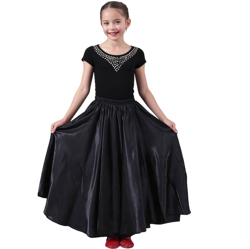 Sancan Girls Belly Latin Dance Skirt - Elastic Waist Ankle Length Full Flowy Circle Dancewear for Dance Practice Training (US, Age, 8 Years, 12 Years, Black) - Image 3